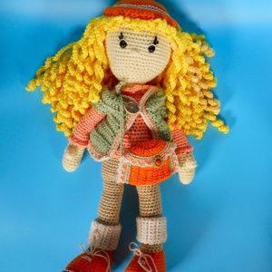 Handmade Cute 24" Amigurumi Yarn Crochet School Girl Doll Curly Hair Large